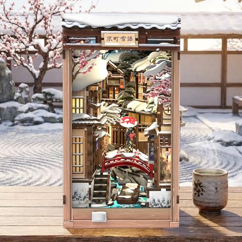 CUTEBEE Kit de rincón de libros, casa de muñecas para adultos, escena nocturna de nieve serena de Kyoto, diorama decorativo de estantería, regalo de estilo japonés (Kyoto Snow Whisper)