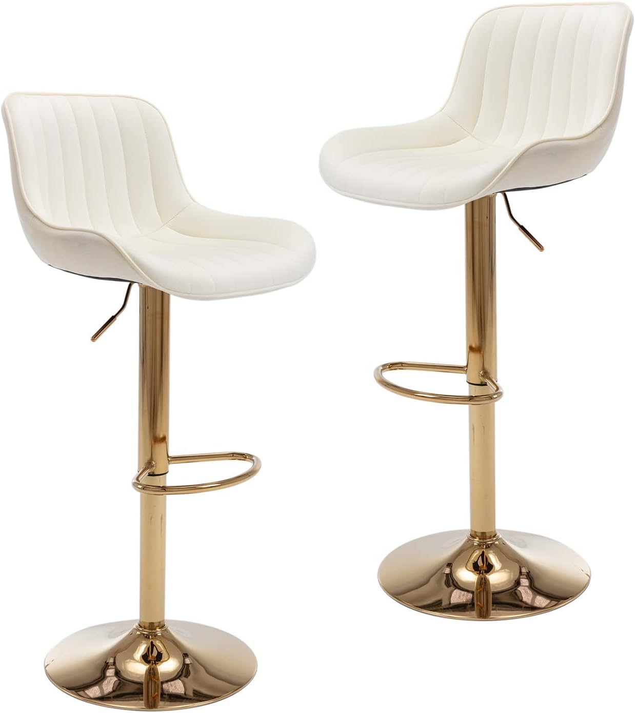 Juego de 2 Taburete de Bar de Terciopelo Taburetes Altos de Cocina Regulables en Altura 60-82cm Giratorio en 360° con Respaldo y Reposapiés Base Dorada Sillas de Bar (Beige-)