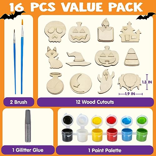 Image of JOYIN 12 Pcs Halloween Wood Craft Kit, Wooden Magnet Creativity Arts Painting Kit, DIY Halloween Painting Craft for Kids Party Supplies, Toddler Party Favors Family School Activities