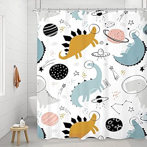 Riyidecor Kinder Dino Duschvorhang 152x183 cm (BxH), blau, grau, rosa, Cartoon, bunter Dinosaurier, abstrakter Planet für Jungen, Kinderzimmer, niedlich, lustig, cool, wasserdicht, 12 Stück Haken Cover