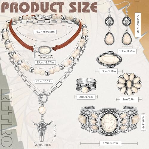 Image of Ecally Bohemian Western Jewelry Turquoise Set Women Country Pendant Long Choker Layered Bracelets Earrings Ring for Women