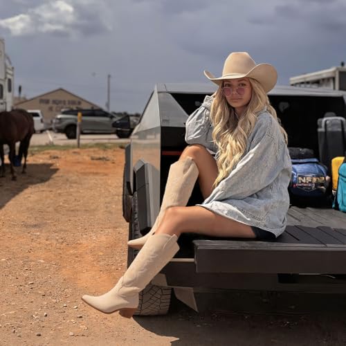 Image of Erocalli White Cowgirl Boot Cowboy Boots for Women Embroidered Pull-On Chunky Stacked Heel Knee High Western Boots