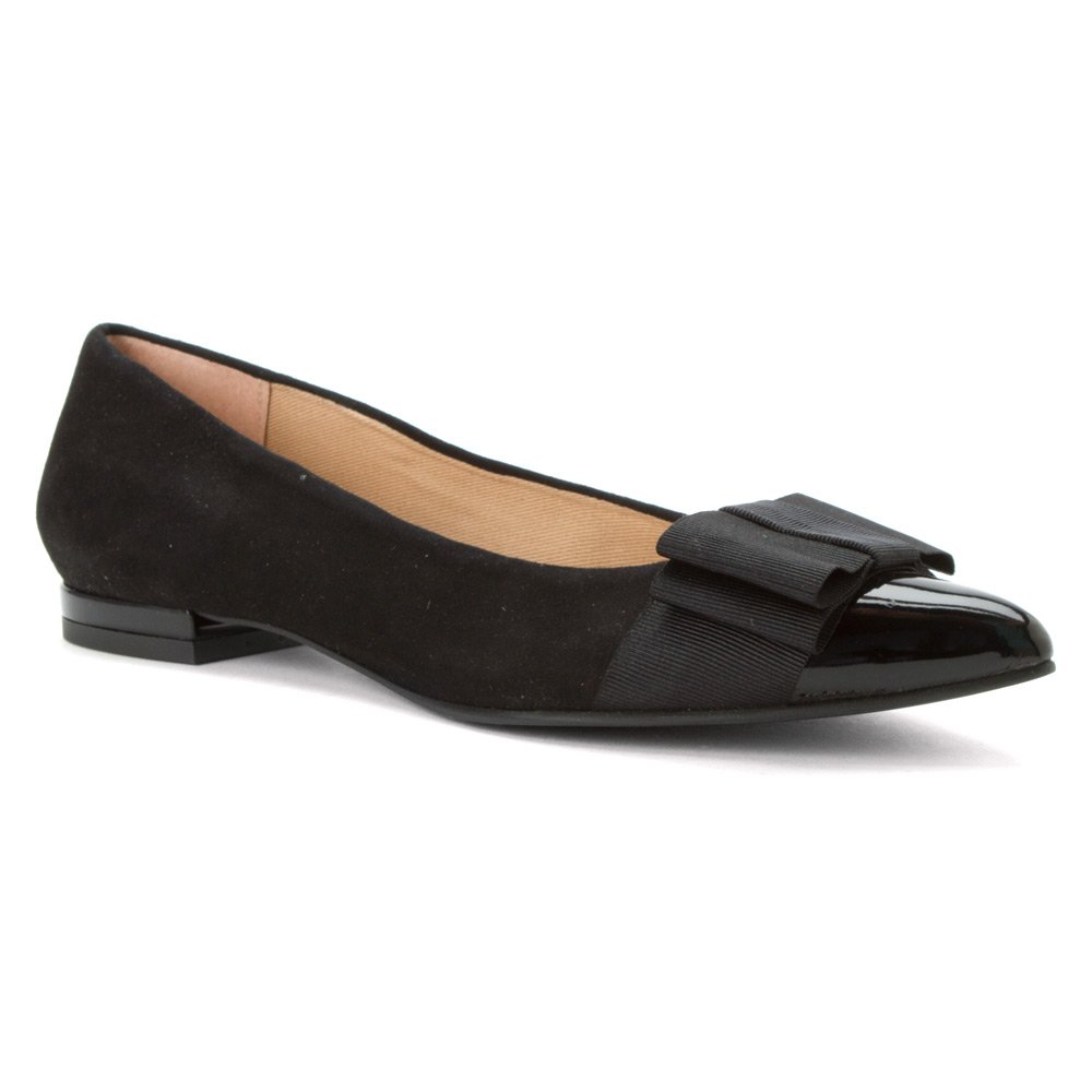 French Sole Onstage - Sandals for Women - Leather Upper - Patent Cap Toe - Low Stacked Heel - Rubber Outsole Black Patent/Black Suede 5.5 M