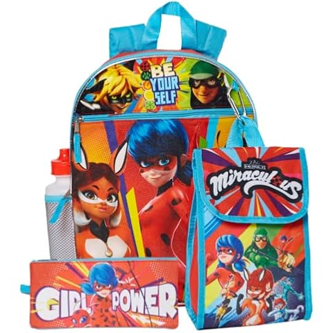5 Pc. Miraculous Ladybug Girl Power “Be Yourself” Backpack Set for Girls, 16 inch with Miraculous Lunch Bag & Pencil Case Cover