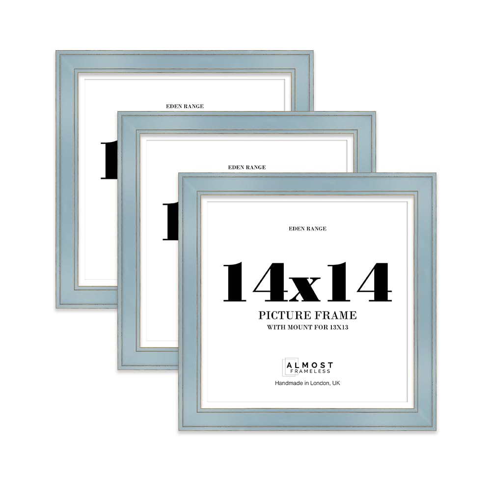 14x14" Cornflower Blue Square Picture Frame with 13x13" Mount - Shabby Chic Photo Frame with Distressed Finish, Gold Trim, Wall Hooks, 37mm Edge - 3 Pack