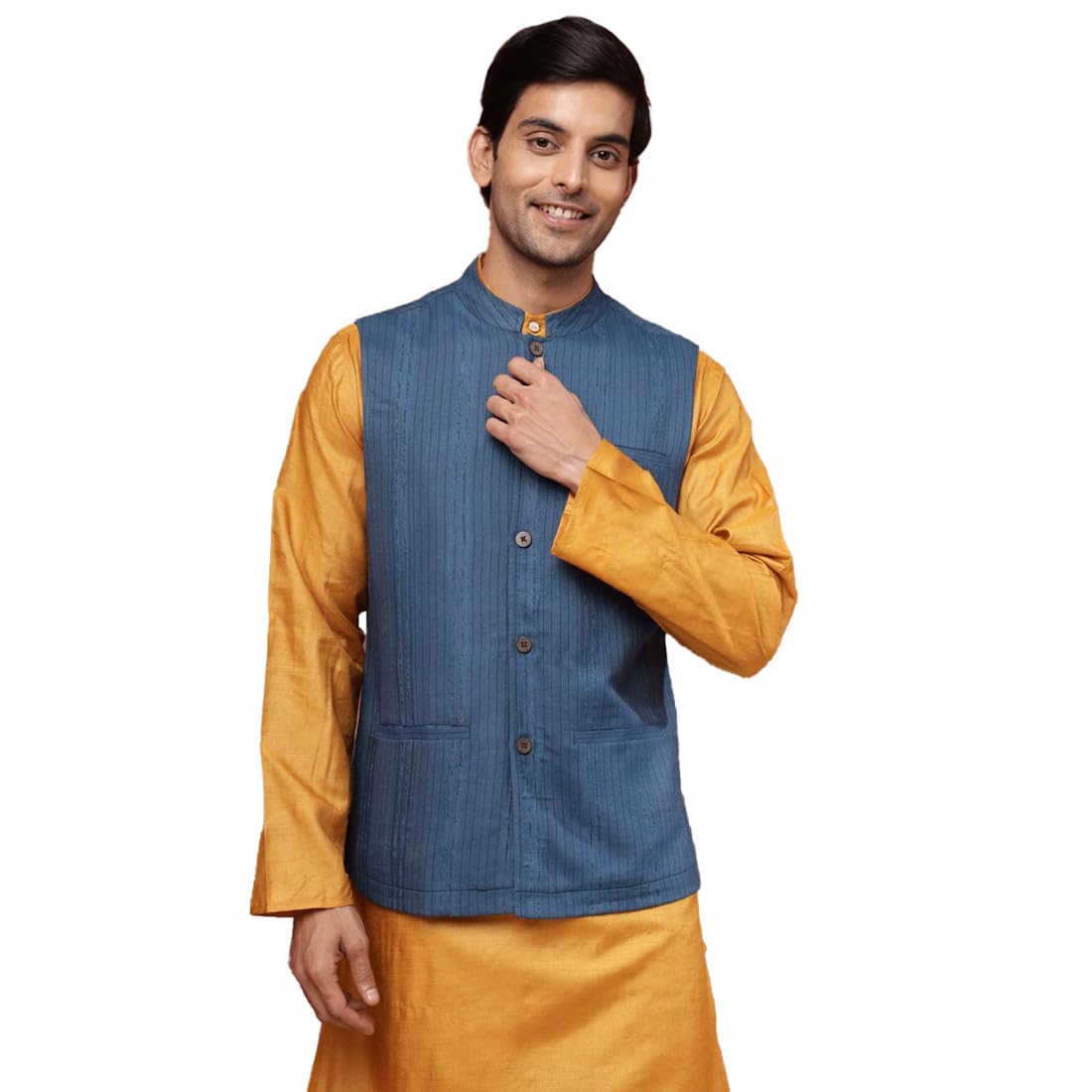 fabindia Men Viscose Blend Blue Striped Chinese Collar Regular Fit Nehru Jacket-picture-11