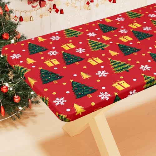 Smiry Christmas Fitted Table Cover, 6 FT Flannel Backed Vinyl Tablecloth