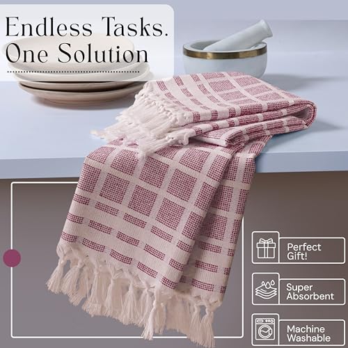 Image of Matrix Dobby Kitchen Towels 4 Pack 100% Cotton, 16x26 Inches, Decorative Tea Towels with Handmade Tassels, Absorbent Reusable Dish Cloths for Kitchen Drying - Burgundy Wine, Natural