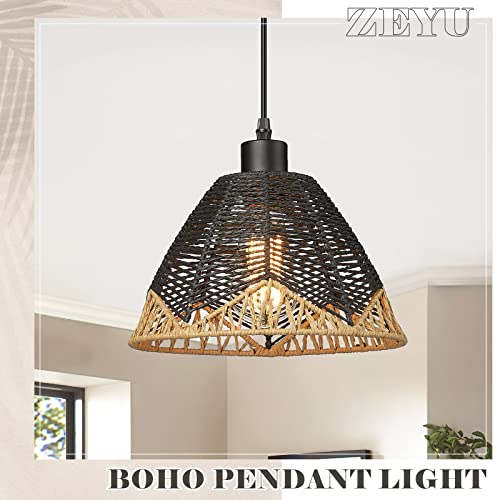Image of zeyu 1-Light Rattan Pendant Light, Farmhouse Boho Hanging Lamp for Dining Room Kitchen, Handwoven Paper Twine Shade in Black Finish, ZSL69MIL BK