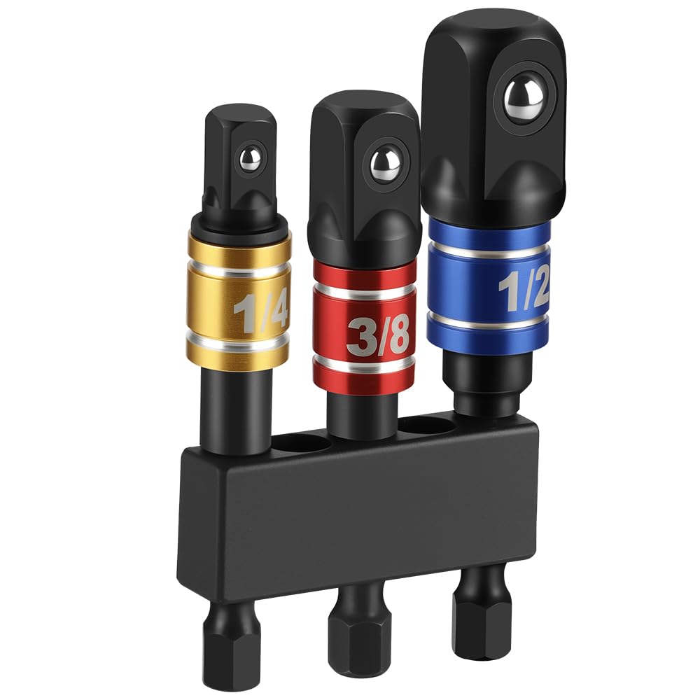 3 Piece Impact Socket Adapter Set, 1/4-Inch Hex Shank, Chrome Vanadium Steel Drill Extension Bar, Includes 1/4in, 3/8in, and 1/2in Drive Socket Adapters with Storage Holder - 1