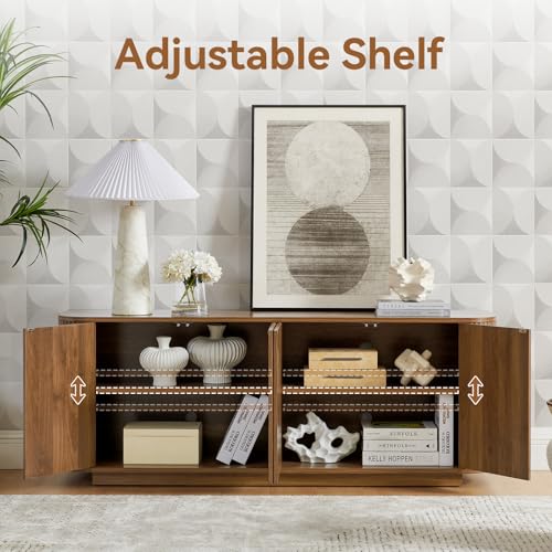 64" Buffet Sideboard Cabinet with Storage, Modern Fluted Accent Credenza with Adjustable Shelves, Wood Coffee Bar Console Table for Living Room Kitchen Dining Room Hallway, 24" H, Walnut - Image 6