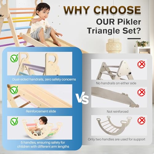 Image of Pikler Triangle Set, Foldable Baby Climbing Wooden Toys with Arch & Ramp & Ladder Climber Indoor Jungle Gyms Ideal for Toddlers Kids