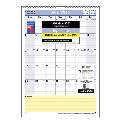 AT-A-GLANCE Monthly Wall Calendar, QuickNotes Design, Academic Year, 12 Months, July 2015–June 2016, 12 x 17 Inch Page Size (PM53-28)