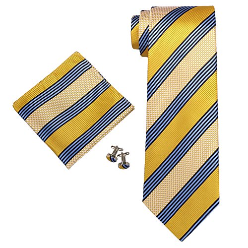 Landisun Stripes Mens SILK Tie Set: Tie+Hanky+Cufflinks 15N Blue Yellow, 3.25