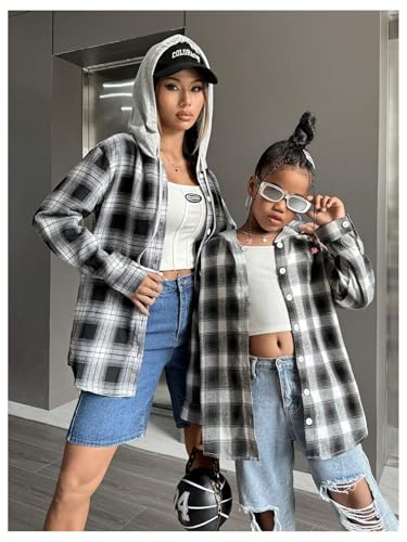 Floerns Girl's Plaid Print Long Sleeve Shacket Shirts Button Down Hoodie Jacket4