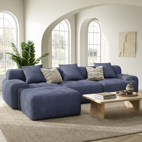 Image of LIKIMIO LumiCord 118 inch Tufted Modular Sectional Sofa with Ottoman, Modern L-Shaped Boneless Couch for Living Room, 26.8 inch Deep Seat, 18.1 inch High Seating, 15 inch Wide Armrest, Corduroy, Stormy Indigo