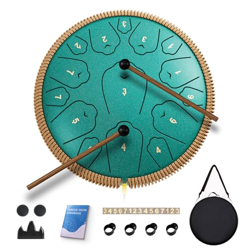 Image of Steel Tongue Drum, 13 Inch 15 Notes Tongue Drums, C Major 440 Hz Drum Percussion Instruments, Handpan Drums with Music Book, Drum Mallets and Carry Bag (Malachite Green)