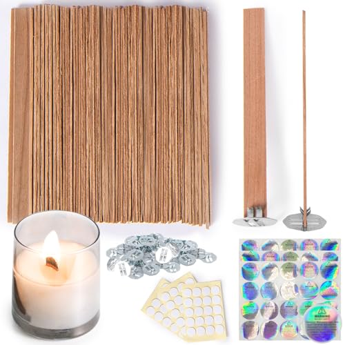 Ziosxin Cherry Wood Candle Wick Set - Thicken Wood Wicks for Long Lasting Flame - Includes 60pcs Stand, Glue Dots & Warning Labels