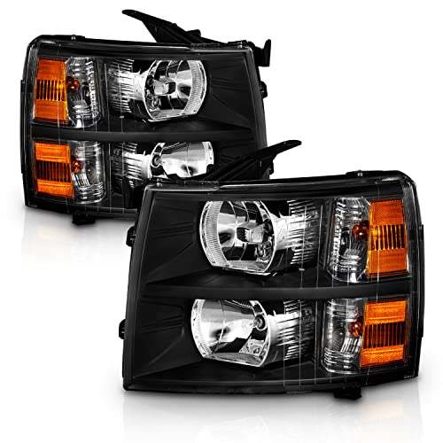AmeriLite for 2007-2013 Chevy Silverado 1500 / 07-14 Silverado 2500HD 3500HD Pickup OE Style Black Replacement Headlights w/Bulb and Harness Amber Reflector Set - Passenger & Driver