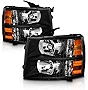 AmeriLite for 2007-2013 Chevy Silverado 1500 / 07-14 Silverado 2500HD 3500HD Pickup OE Style Black Replacement Headlights w/Bulb and Harness Amber Reflector Set - Passenger & Driver