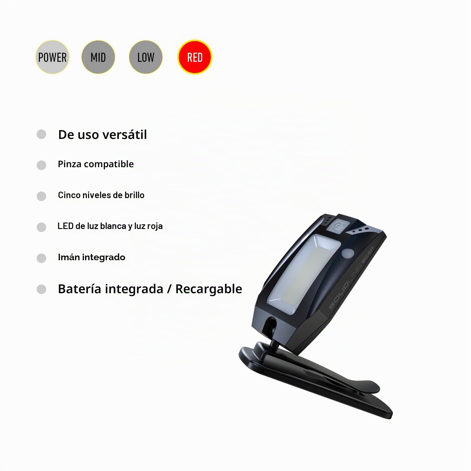 Solidline SC4R - Lámpara LED con clip (recargable, 200 lúmenes, 75 horas de duración, incluye cable USB) sensor de encendido y apagado