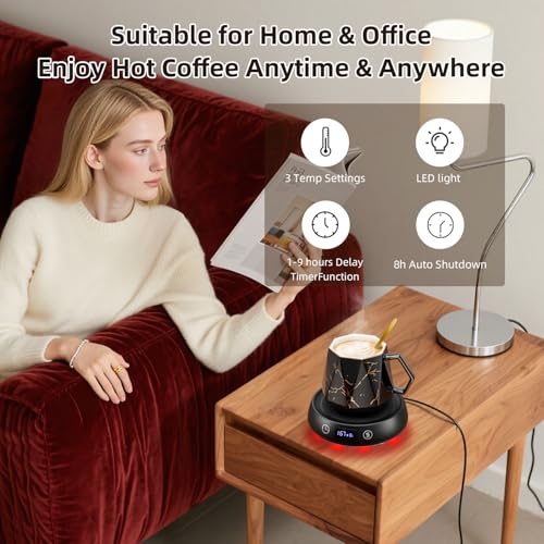 Image of Coffee Mug Warmer Set for Desk 1-9H Timer Electric Heated Cup Candle Warmer | Marbling Mug Tea Beverage Coffee Warmer for Office Home, 3 Temperature Control 1-9H Delay Start Timer Shut Off, Gifts for Men