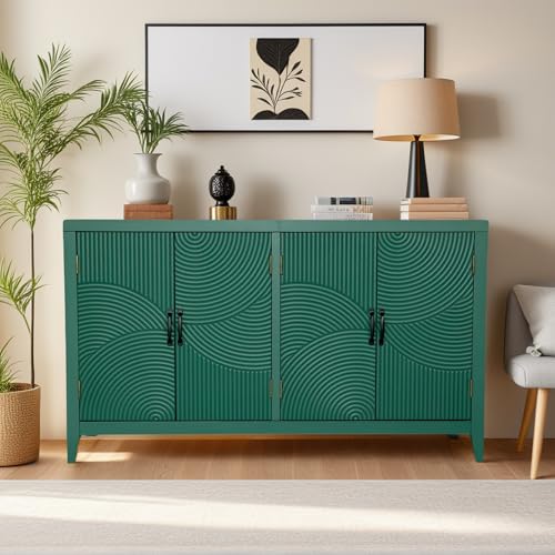 Image of Green Solid Wood Sideboard Buffet Cabinet with Storage - Modern Wave Design with Removable Shelves, for Kitchen, Living Room & Hallway (Green Finish)