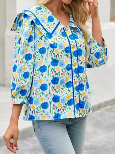 Cicy Bell Womens Floral Button Down Shirts Trendy Casual 3/4 Lantern Sleeve Blouse Square Neck Collared Tops4