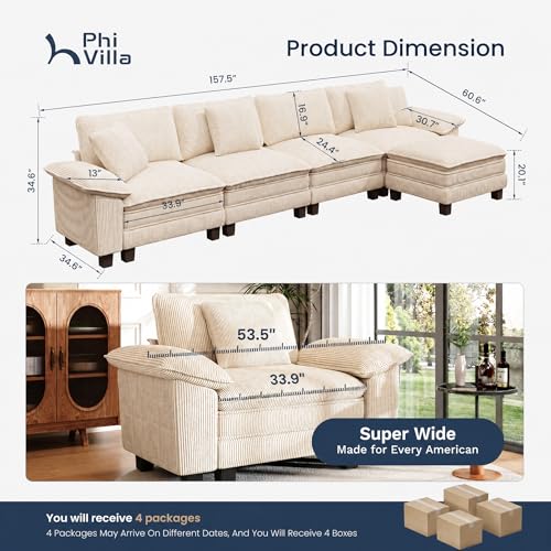 Image of PHI VILLA Cloud Modular Couch Sets, 157.5 inch Oversized Sectional Sofa with L-Shaped Chaise, 5-Seater Upholstered Couches with Movable Ottoman for Living Room, Corduroy Beige