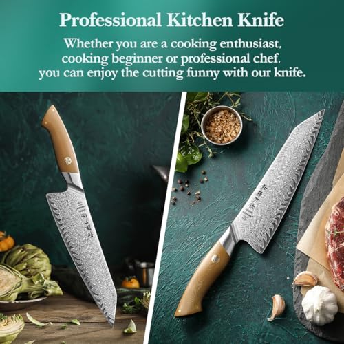 HEZHEN Damascus Santoku Knife, 7 Inches, 67 Layers Damascus Steel Kitchen Knife, Ultra Sharp Blade, Japanese Chef Knife for Professional Chefs and Home Cooking, Linen Micarta Handle, Gift Packing - Image 9