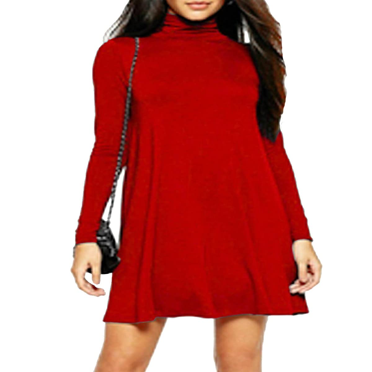 METLUQ M0D4 Womens Ladies Franki Flared Skater Dress Turtle Neck Polo High Mini Swing Dress (20, Red)