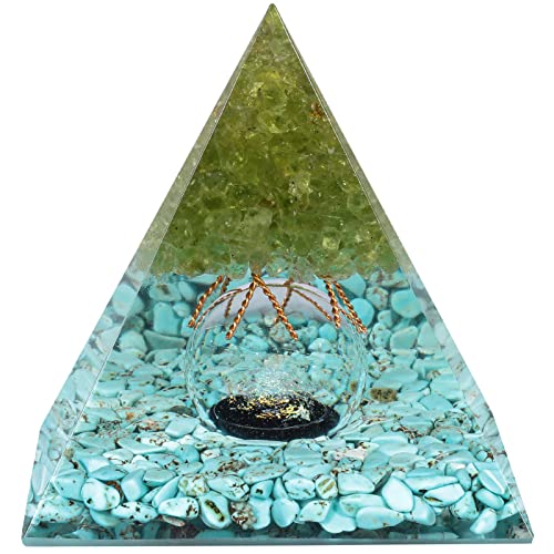 Nupuyai Peridot Tree of Life Blue Howlite Turquoise Crystal Piramid with Glass Crystal Ball