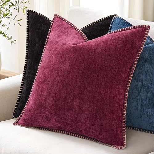 Image of decorUhome Fall Chenille Soft Cozy Throw Pillow Covers 22x22 Set of 2, Modern Farmhouse Boho Velvet Decorative Euro Sham Pillow Cases with Stitched Edge for Couch Sofa Bed Home Decor, Black