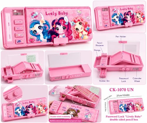 Image of Invite Multifunction Pencil Box for Girls with 2-Digit Password Lock, Built-in Sharpener & Calendar, Dual Sided Magnetic Geometry Compass Box with Pop-up Buttons, School Gift
