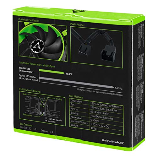 ARCTIC BioniX F120-120 mm Ventilador de Caja para Videojuego con PWM PST, Ventilador para CPU con Conexión PST (PWM Sharing Technology), Regula las RPM Sincrónicamente, 200-1800 RPM - Verde