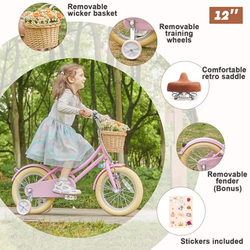Image of Glerc Little Molly 12-20 Inch Kids Retro Cruiser Bike for 2-13 Year Old with Wicker Basket & Training Wheels /Kickstand, Multiple Colors