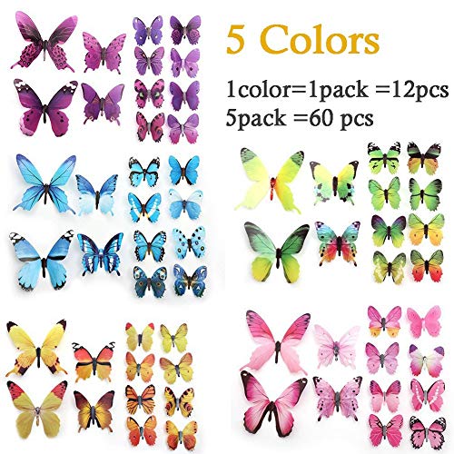 Ewong Butterfly Wall Decals - 60Pcs 3D Butterflies Home Decor-Stickers, Removable Mural Decoration For Girls Living Room Kids Bedroom Bathroom Baby Nursery, Waterproof Diy Crafts Art (5 Color) #TOP3