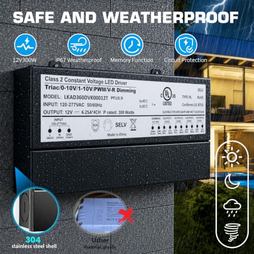 Image of 12V 300W Dimmable LED Driver, 5-in-1 Triac /ELV /MLV /0-10V /1-10V /PWM /V-R Dimming AC to DC Power Supply, IP67 Waterproof LED Transformer, UL Listed, Compatible with Lutron & Leviton Dimmer