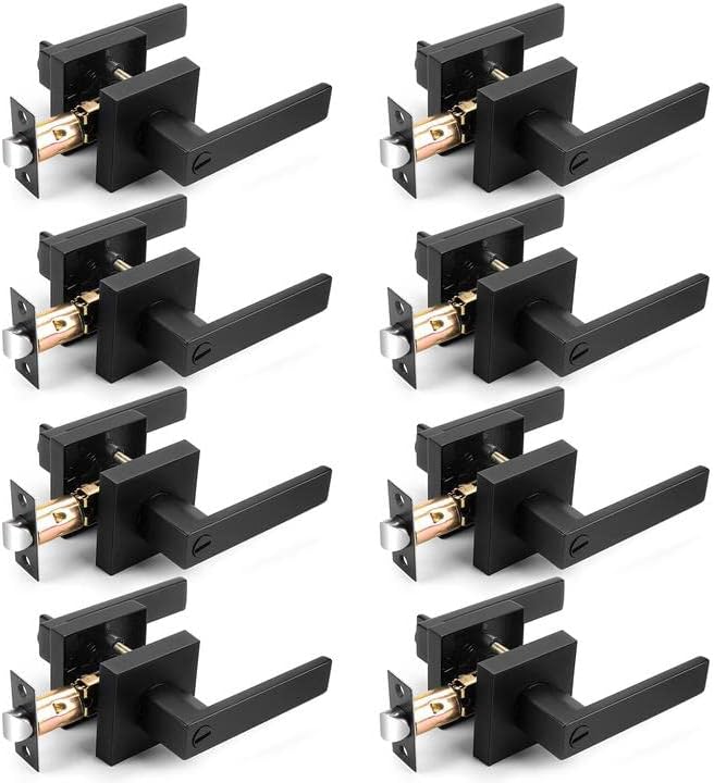 Probrico Interior Black Door Handle, Heavy Duty, Flat Square Privacy Door Handles, Keyless Door Levers Lockset for Bedroom and Bathroom (8 Pack, Modern)