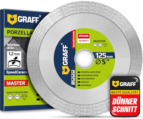GRAFF Disque Diamant 125 mm x 22,23 mm pour Carrelage, Céramique et Grès Cérame – 1,2 mm Extra Fin, Coupe Propre – Disque Diamant Carrelage pour Meuleuse d’Angle