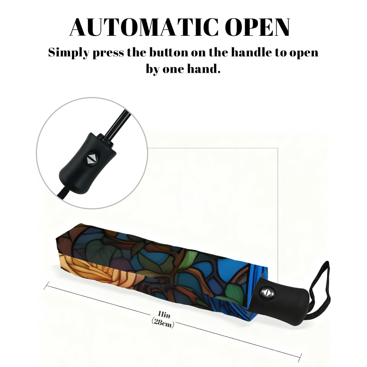 Ombrello pieghevole in vetro colorato con uccello e fiore, ombrello da viaggio, compatto, antivento, impermeabile, con protezione UV, rivestimento nero, leggero, 8 costine, portatile, per