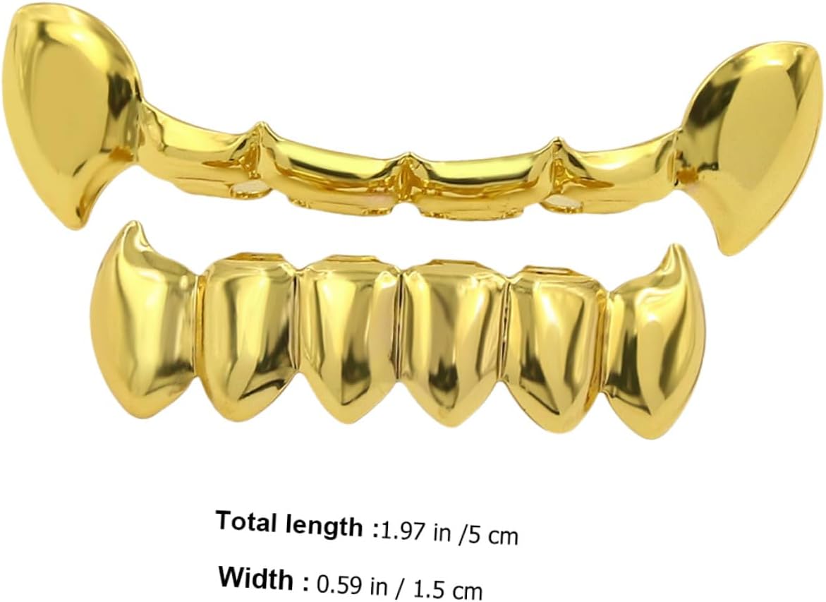 Hip Hop Gold Teeth Grills for Men, Gold Color Smooth Surface Fake Teeth Cap Set, Halloween Party Costume Accessory for Rappers and Cosplay