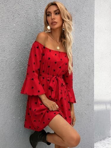 Image of Off Shoulder Ruffle Dress for Women, A-Line Mini Dress with Belt, Fitted Bust Summer Wedding Guest Dress