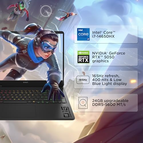 Image of HP Omen, Intel Core i7-14650HX 14th Gen, 8GB RTX 5050, 24GB DDR5(Upgradeable) 1TB SSD, 165Hz, 2k WUXGA, 3ms, 400 nits, 16'' /40.6cm, Win11, M365* Office24, Black, 2.43kg, am0241TX, RGB Gaming Laptop