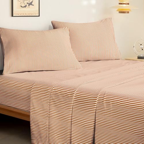Image of Wake In Cloud - Striped Bed Sheets, 4-Piece Sheet Set, Ticking Vertical Pin Stripe Modern Farmhouse Pattern Printed Bedding, Deep Pocket, Burnt Orange, Full Size