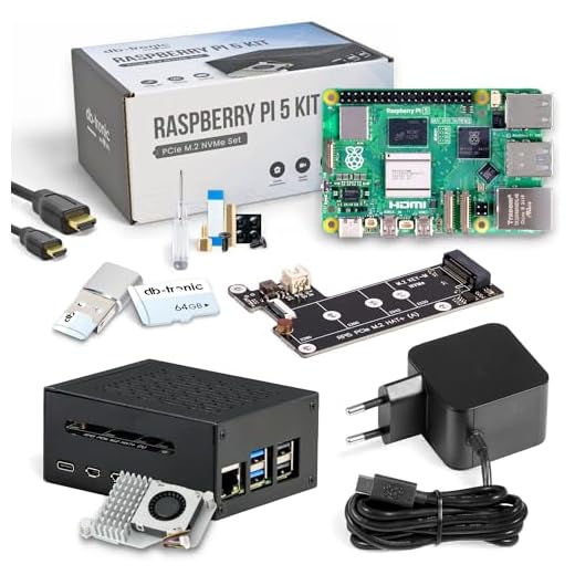 Raspberry Pi 5 8GB PCIe M.2 NVMe - Set | Custodia in metallo | Dispositivo di raffreddamento attivo | Scheda PCIe SSD M.2 NVMe | Alimentatore ufficiale da 27 W | Scheda di memoria da 64 GB