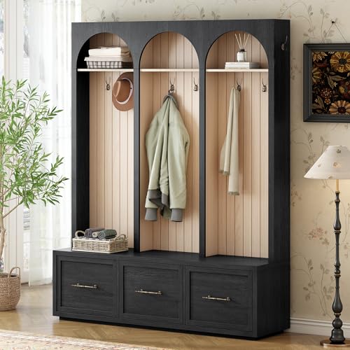 Image of Ball & Cast Farmhouse Hall Tree with Bench, 59 inch Entryway Storage Bench with Arched Design, 8 Metal Hooks, 3 Drawers Shoe Organizer, Wooden Style Coat Rack for Living Room, Black
