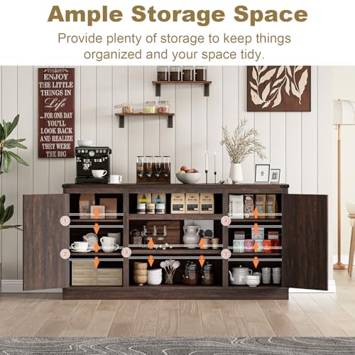 XVD-66-Farmhouse-Coffee-Bar-Cabinet-with-Charging-Station-Sideboard-Buffet-Cabinet-with-Large-Storage-Wood-Buffet-Storage-Cabinet-with-Adjustable-Shelves-for-Kitchen-Living-Room-Brown XVD 66 Farmhouse Coffee Bar Cabinet with Charging Station Sideboard Buffet Cabinet with Large Storage Wood Buffet Storage Cabinet with Adjustable Shelves for Kitchen Living Room Brown