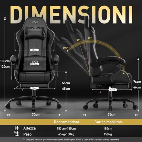 Hlfurnieu Sedia Gaming Massaggiante, Poltrona Gaming Con Poggiapiedi E Cuscino Lombare Massaggiante, Sedia Gamer Regolabile In Altezza, Schienale Regolabile 90°-135°, Portata 150Kg (Nero) - 3