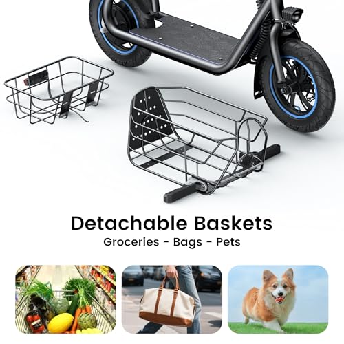 Image of AWWSCOOTER Foldable Electric Scooter for Adults with Seat, Commuter E-Scooter with Dual Storage Baskets for Groceries and Pets
